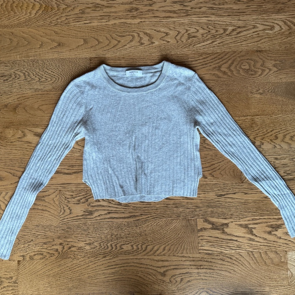 Babaton Light Gray Ribbed Long Sleeve Top